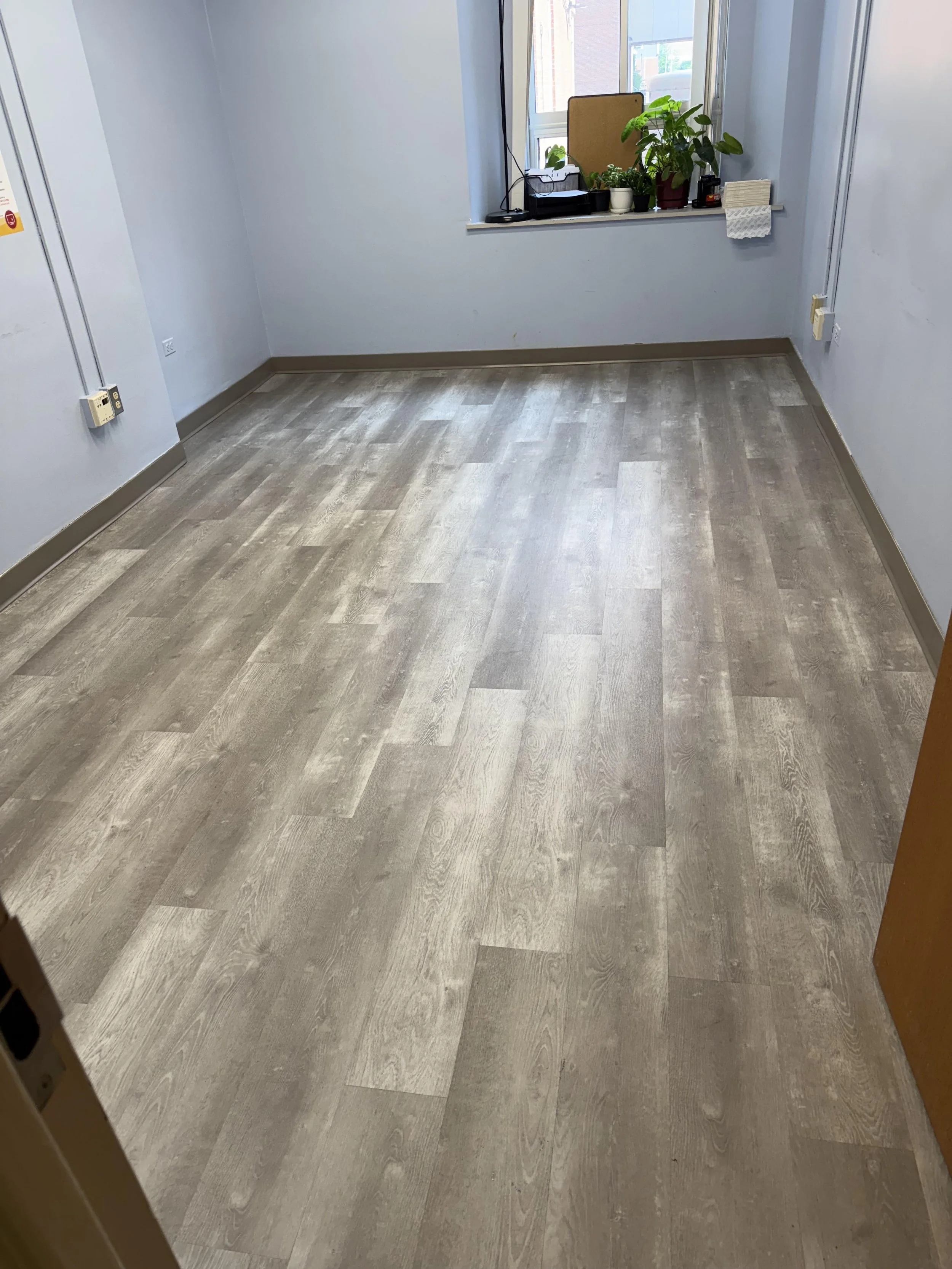 Empty room with wood laminate flooring, white walls, a window with green plants on the sill, and a few office items on the windowsill.