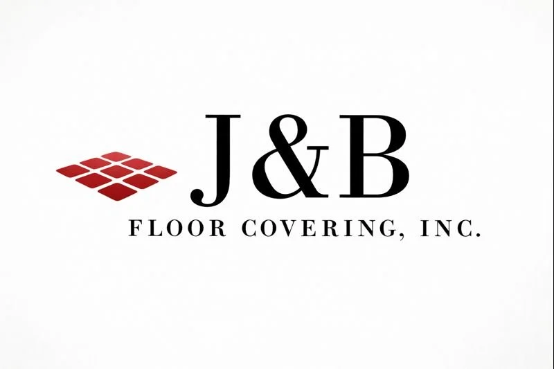 Logo of J&B Floor Covering Inc. with red tile pattern on the left and black text.