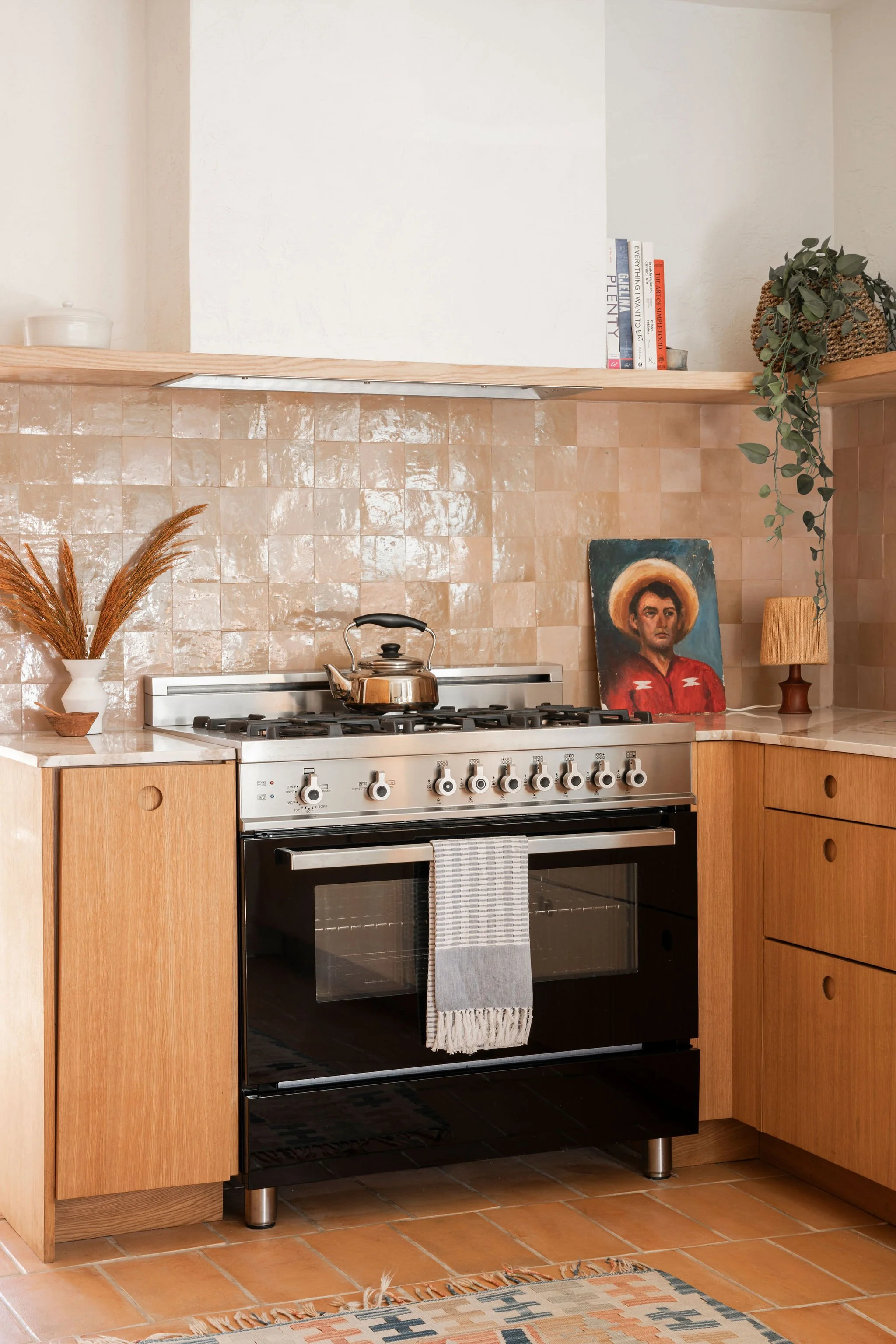 A modern kitchen with a gas stove, a teapot, decorative plants, and framed art on the counter.