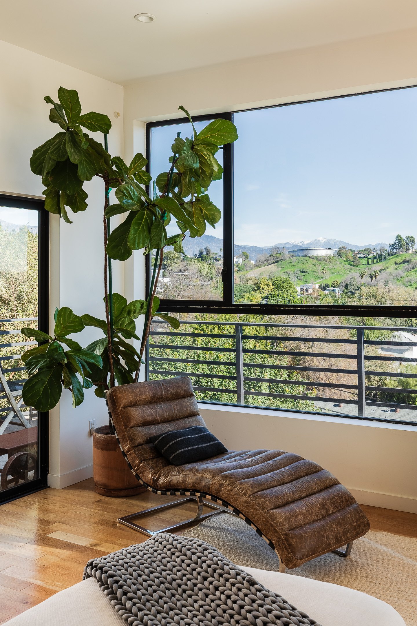 Interior of a modern living room with a brown leather chaise lounge, a black pillow, a large potted plant, and a view of green hills and mountains outside through large windows