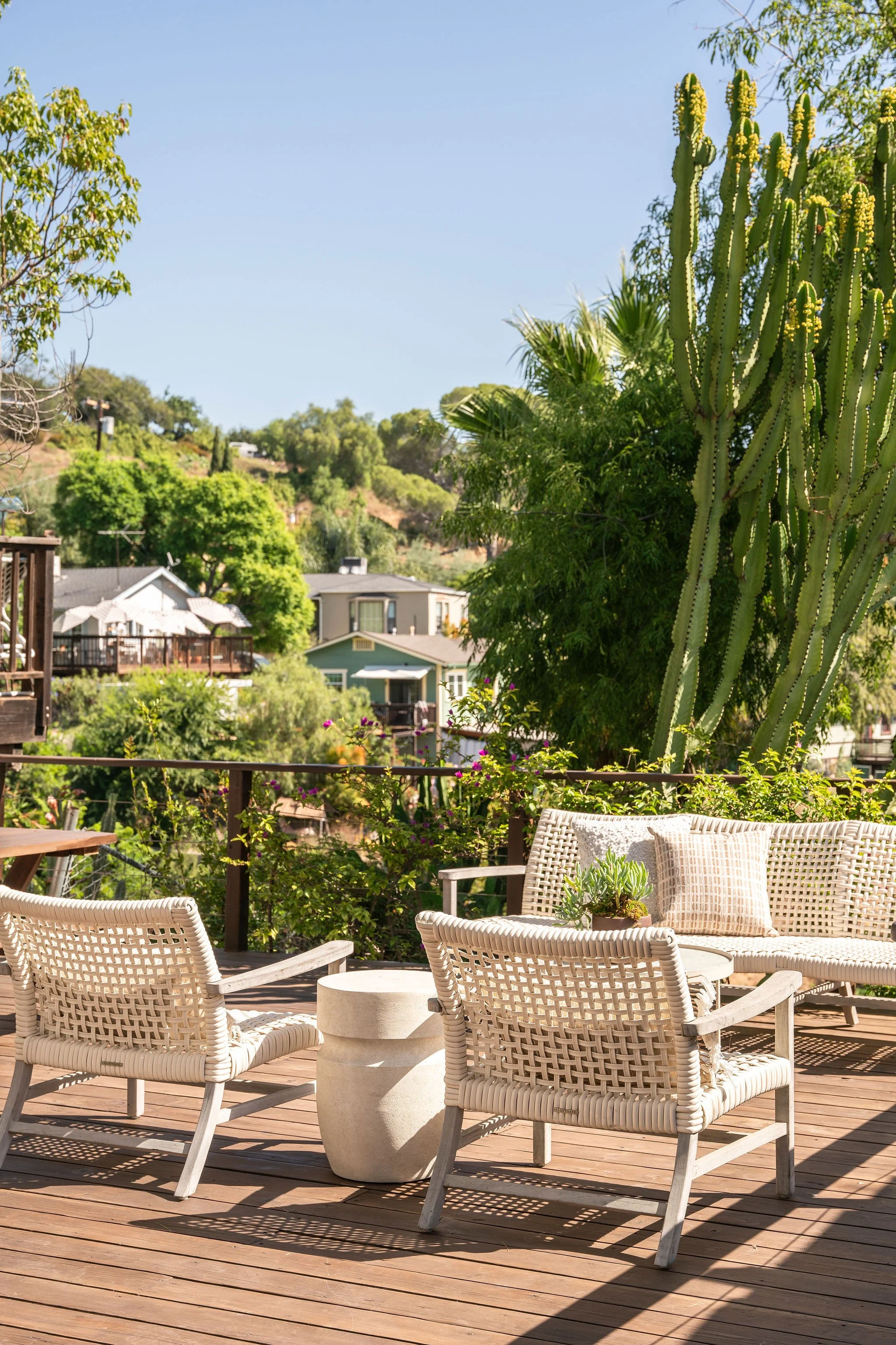 A patio with white woven chairs, a small round table, a large cactus, and lush green trees and houses in the background under a blue sky.