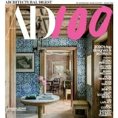 Cover of Architectural Digest magazine, January 2020 issue, featuring an interior design with elaborate patterned wallpaper, ornate frames, and classic furniture.