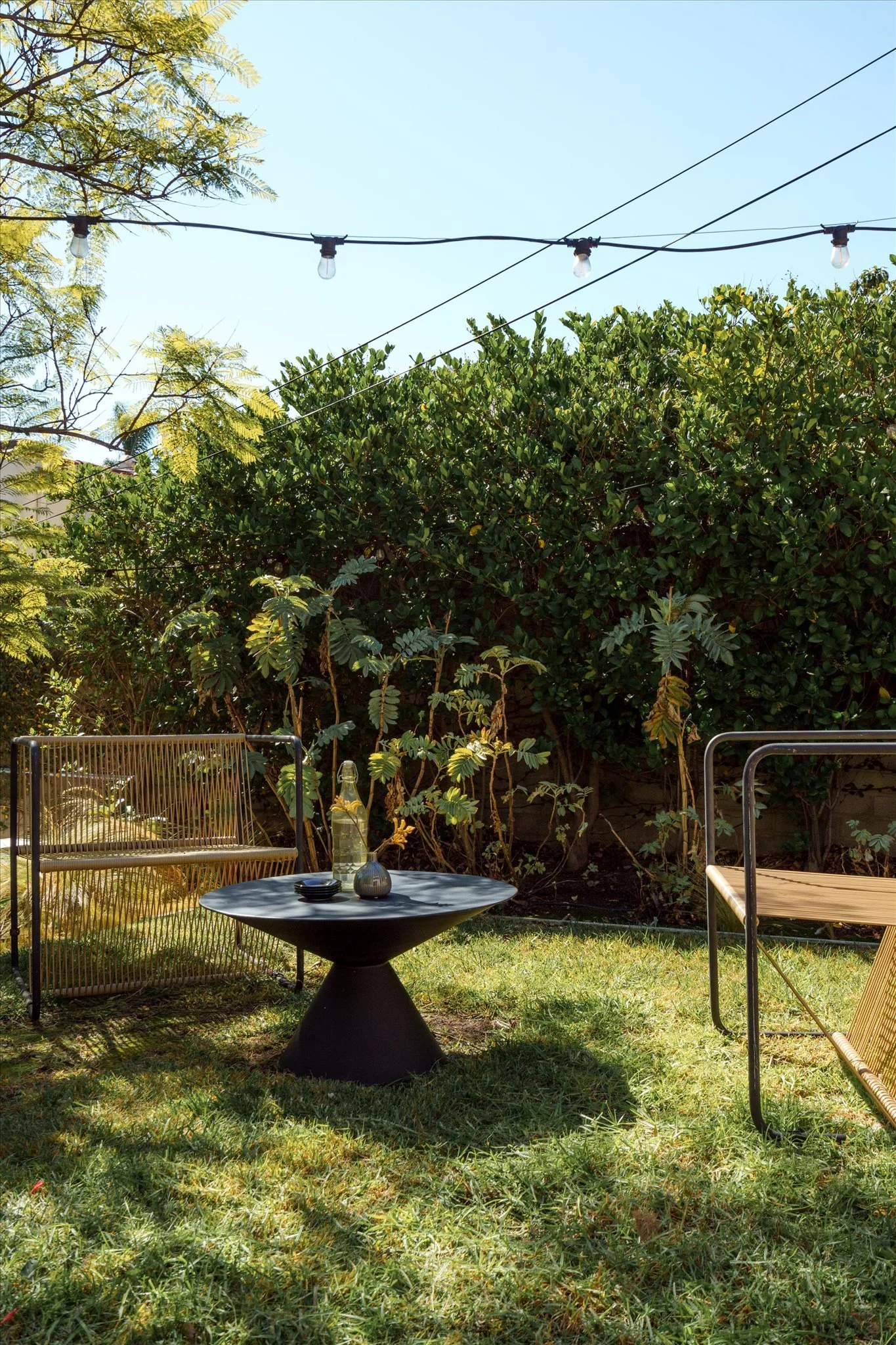 A backyard scene with a black coffee table, two modern outdoor chairs, a glass bottle, and a small decorative object on the table. String lights are hanging above, and a tall hedge and trees are in the background under a clear blue sky.