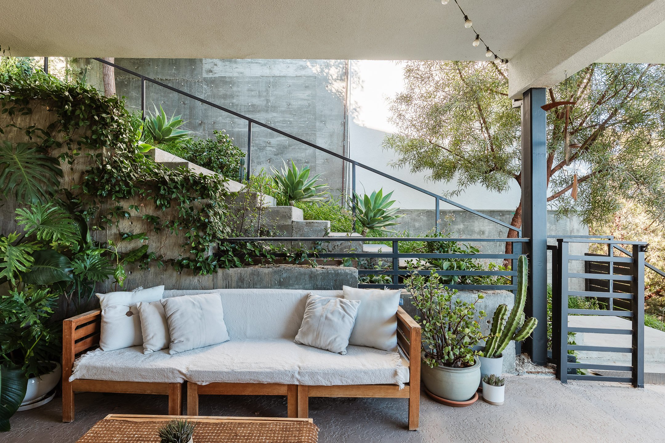 Industrial outdoor patio with a wooden couch with white cushions, potted plants including cacti and leafy greenery, concrete stairs, and string lights