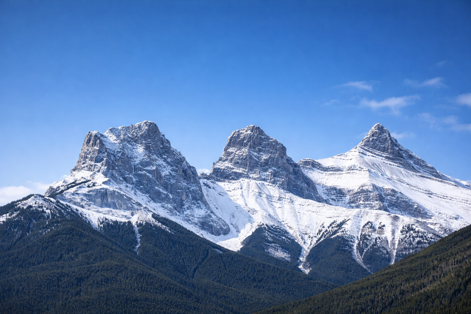 Snow-capped mountain peaks against a clear blue sky with green forested slopes.