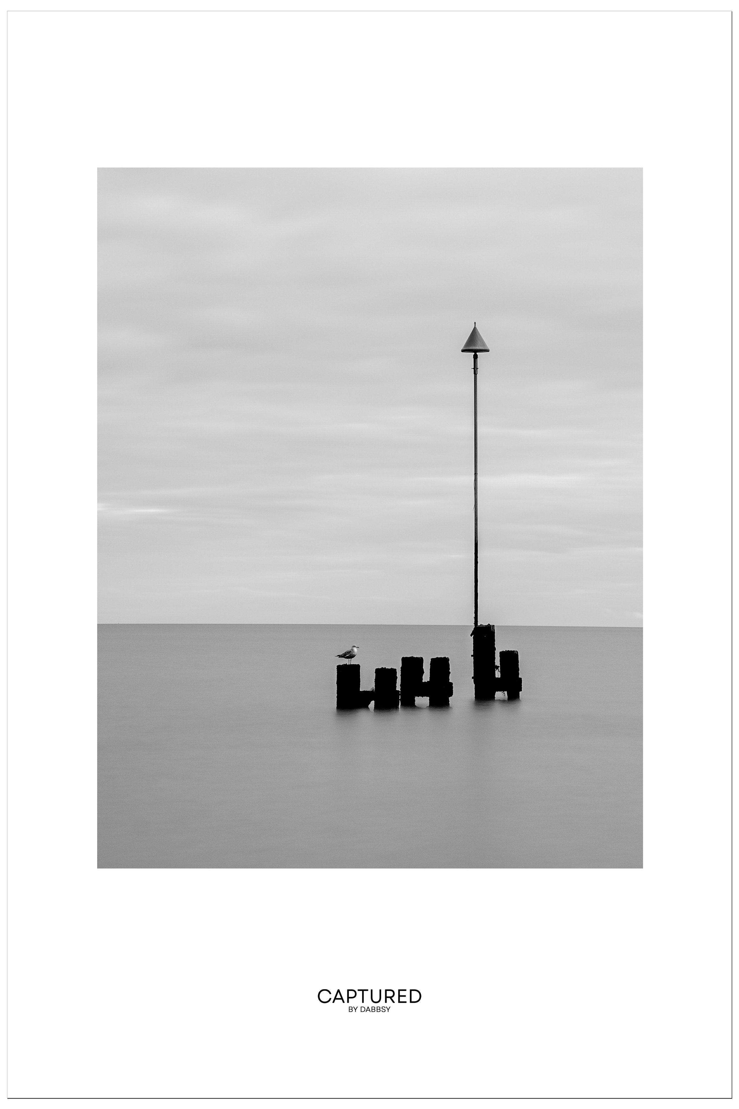 Black and white photo of a seagull perched on wooden posts in calm water, with a tall pole and conical top extending from the posts; cloudy sky in the background. Located at Bawdsey Beach.
