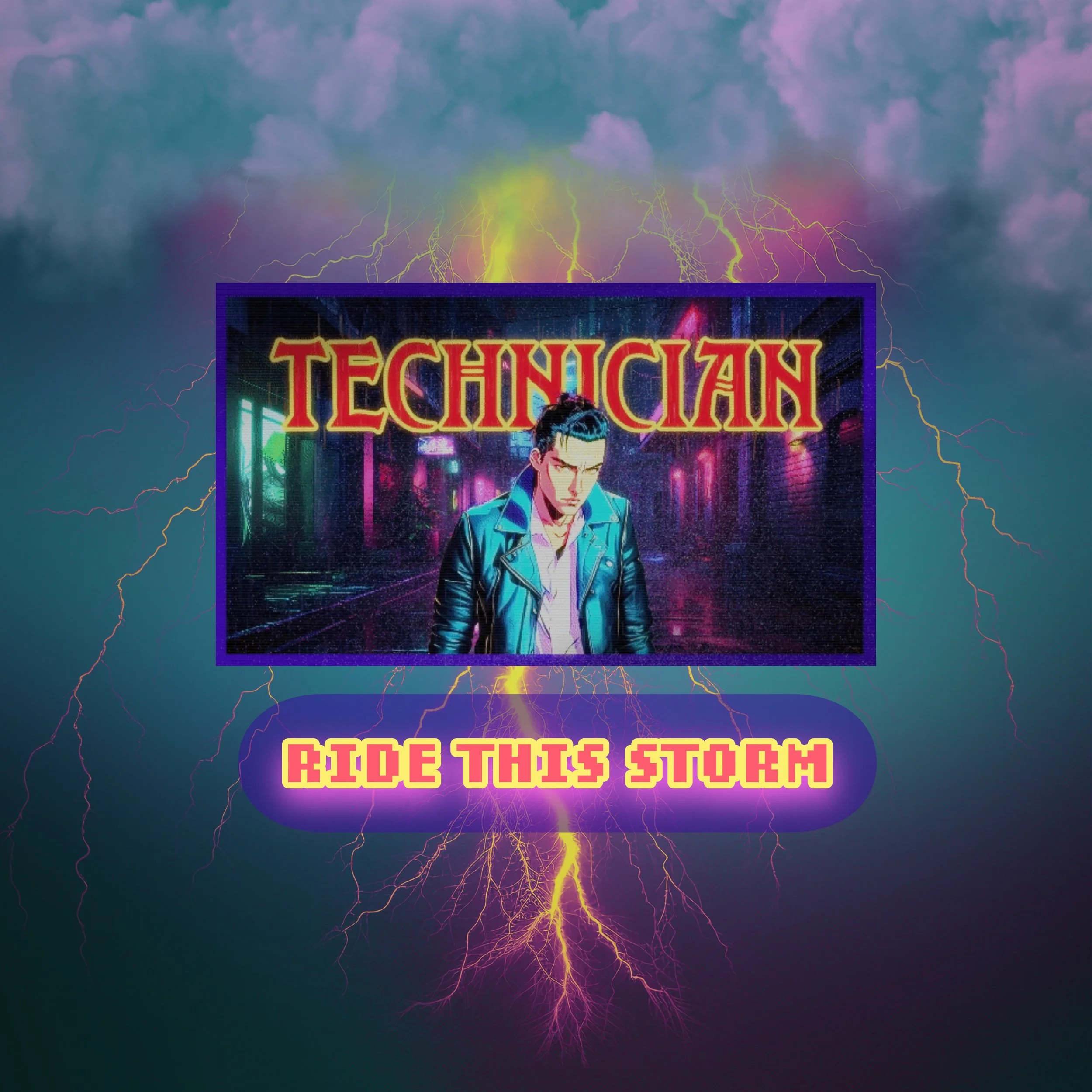 A neon-lit digital artwork featuring a young man in a leather jacket with a serious expression, set against a city street scene at night with vibrant pink and purple neon signs, and the word 'TECHNICIAN' in bold red letters at the top. Below the image, a purple rounded rectangle contains the yellow text in pixelated font: 'RIDE THIS STORM'. Lightning bolts and storm clouds fill the background, creating a cyberpunk aesthetic.