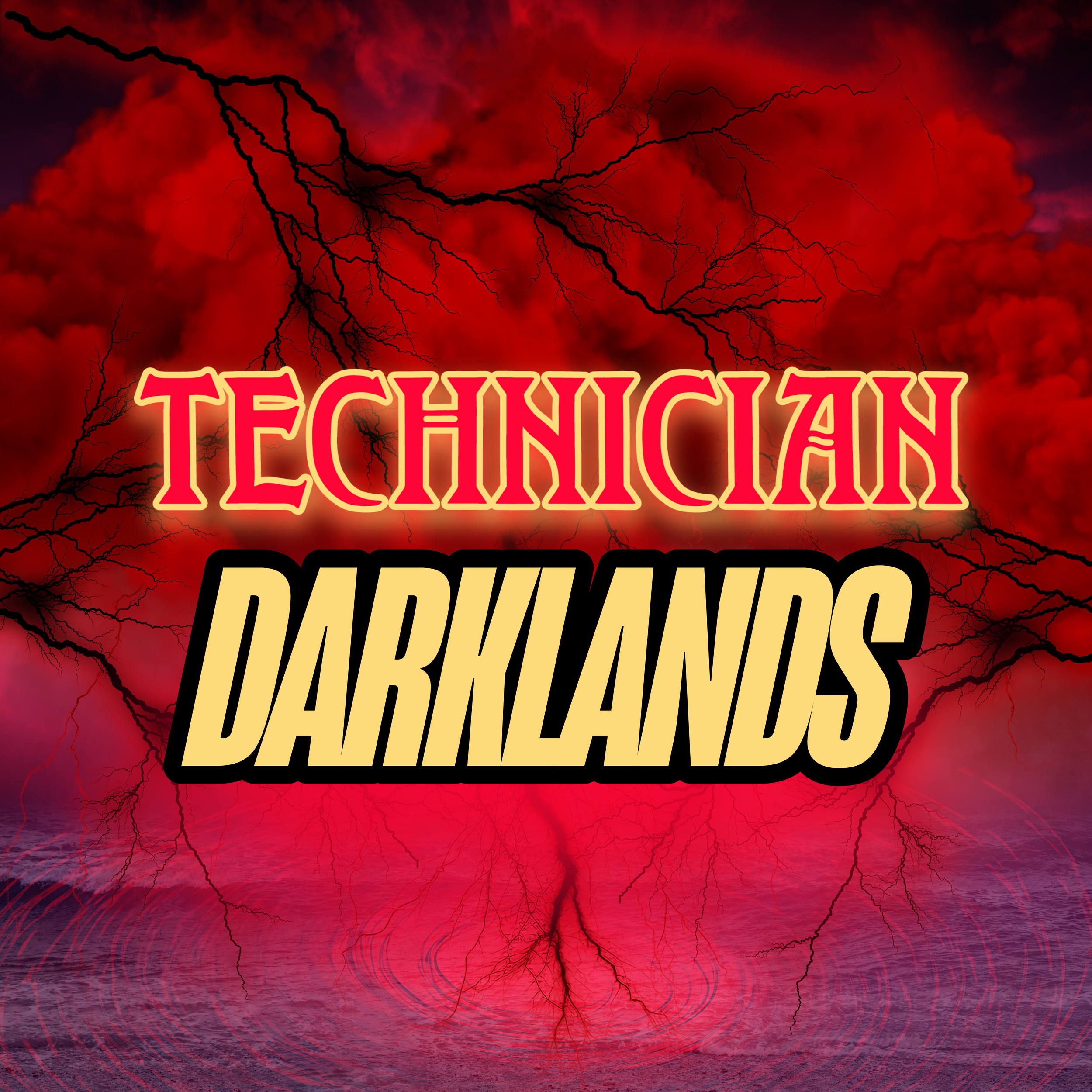 Digital artwork with a red stormy sky, lightning, and swirling water, featuring the text 'Technician Darklands' in bold stylized fonts.