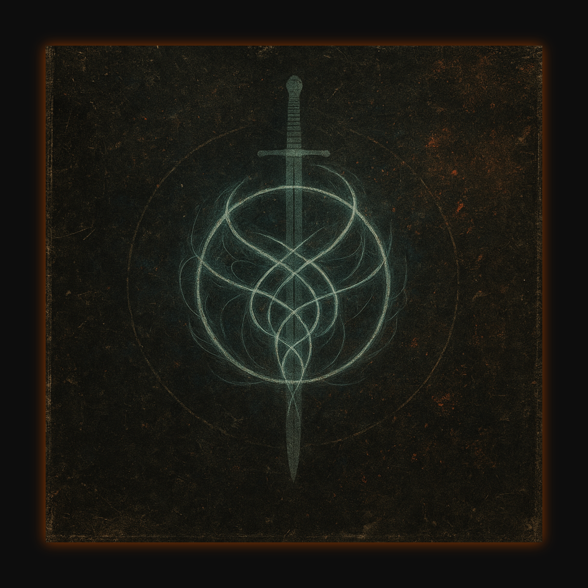 A glowing, intricate design of a sword with a ornate, symmetrical pattern in the center, set against a dark, textured background.