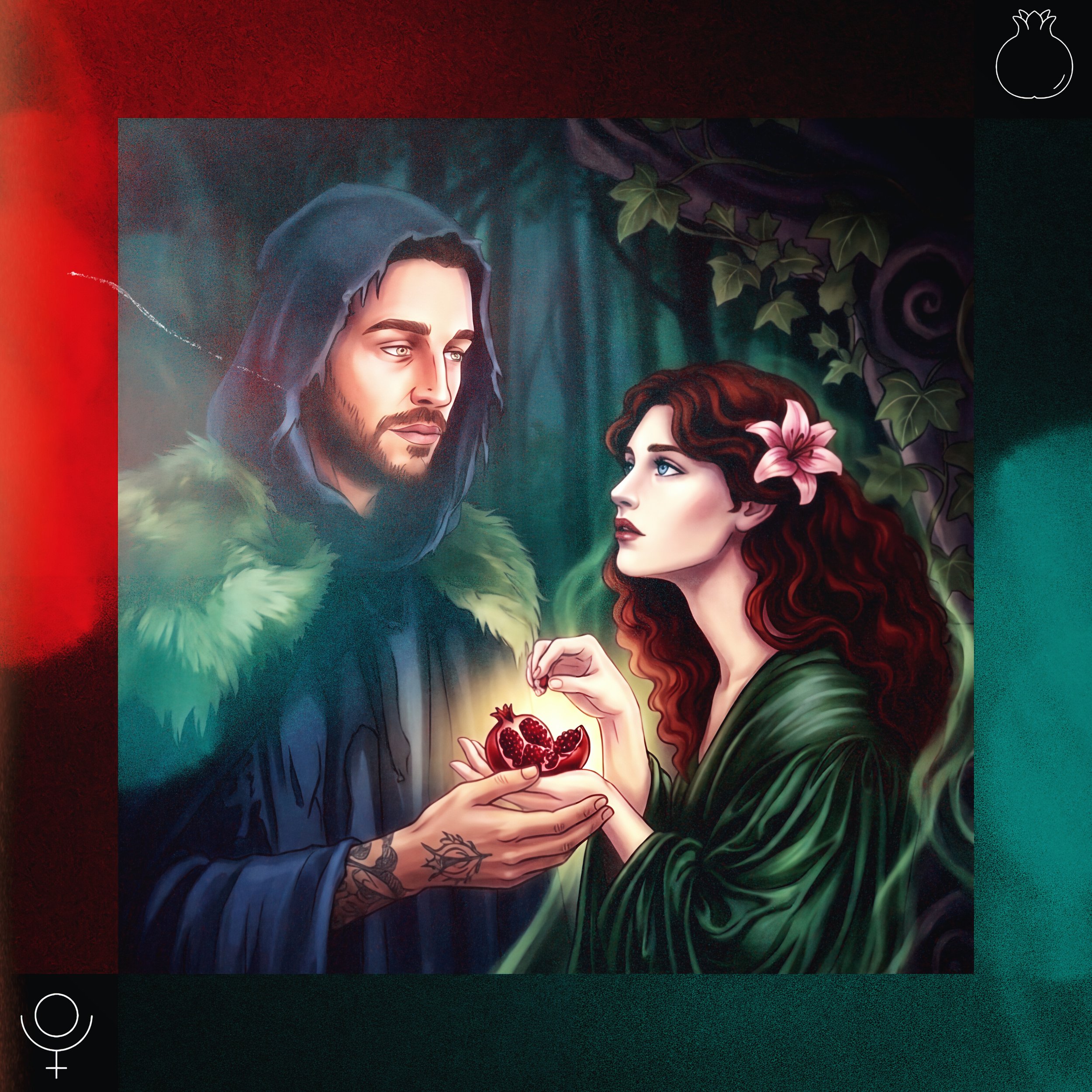 A man with a beard and hooded cloak with a fur collar holds a pomegranate, which a woman with long curly red hair and a pink flower in her hair is about to eat. They are in a mystical forest setting surrounded by green foliage.