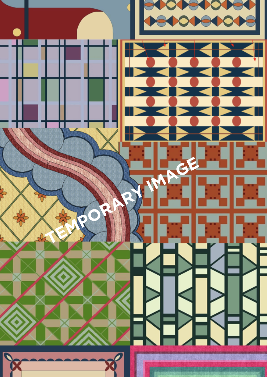 A collage of various colorful geometric and pattern designs, including plaid, abstract shapes, and repetitive motifs.
