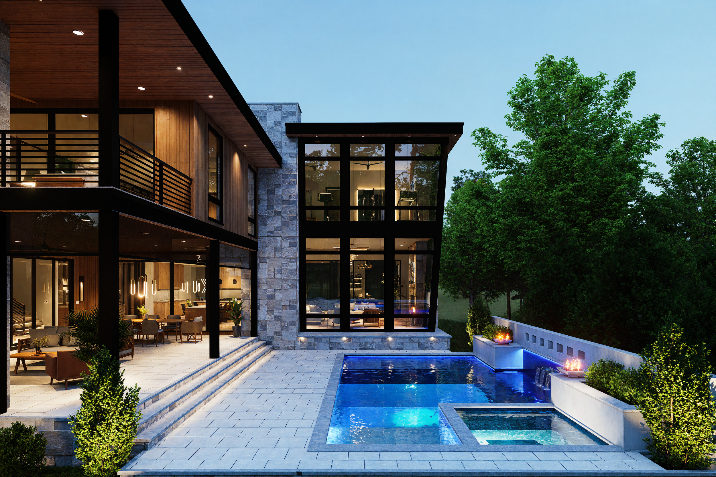 Modern house with large glass windows and a pool outdoor area at dusk, surrounded by trees.