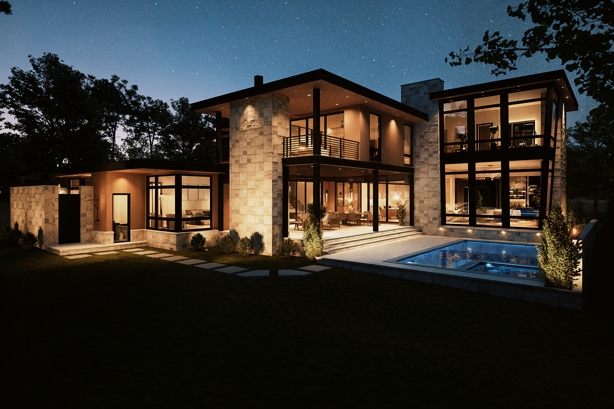 A modern, multi-story house illuminated at night with large glass windows, a swimming pool, and exterior lighting, surrounded by trees.