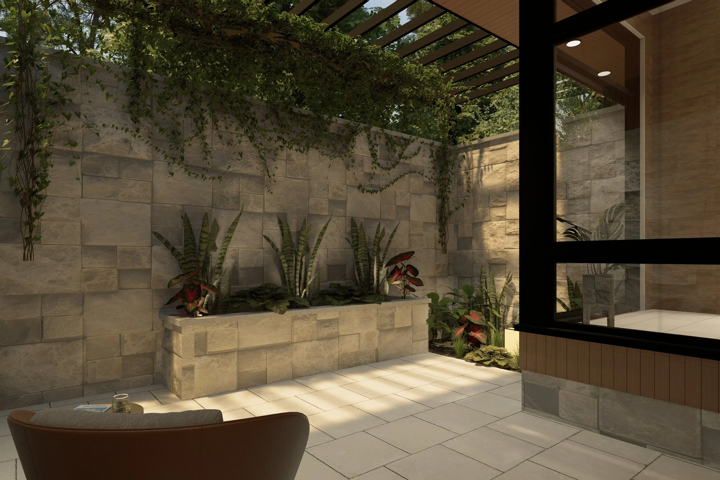 A modern outdoor patio space with a stone wall and lush greenery, including potted plants and hanging vines, illuminated by soft ambient lighting.