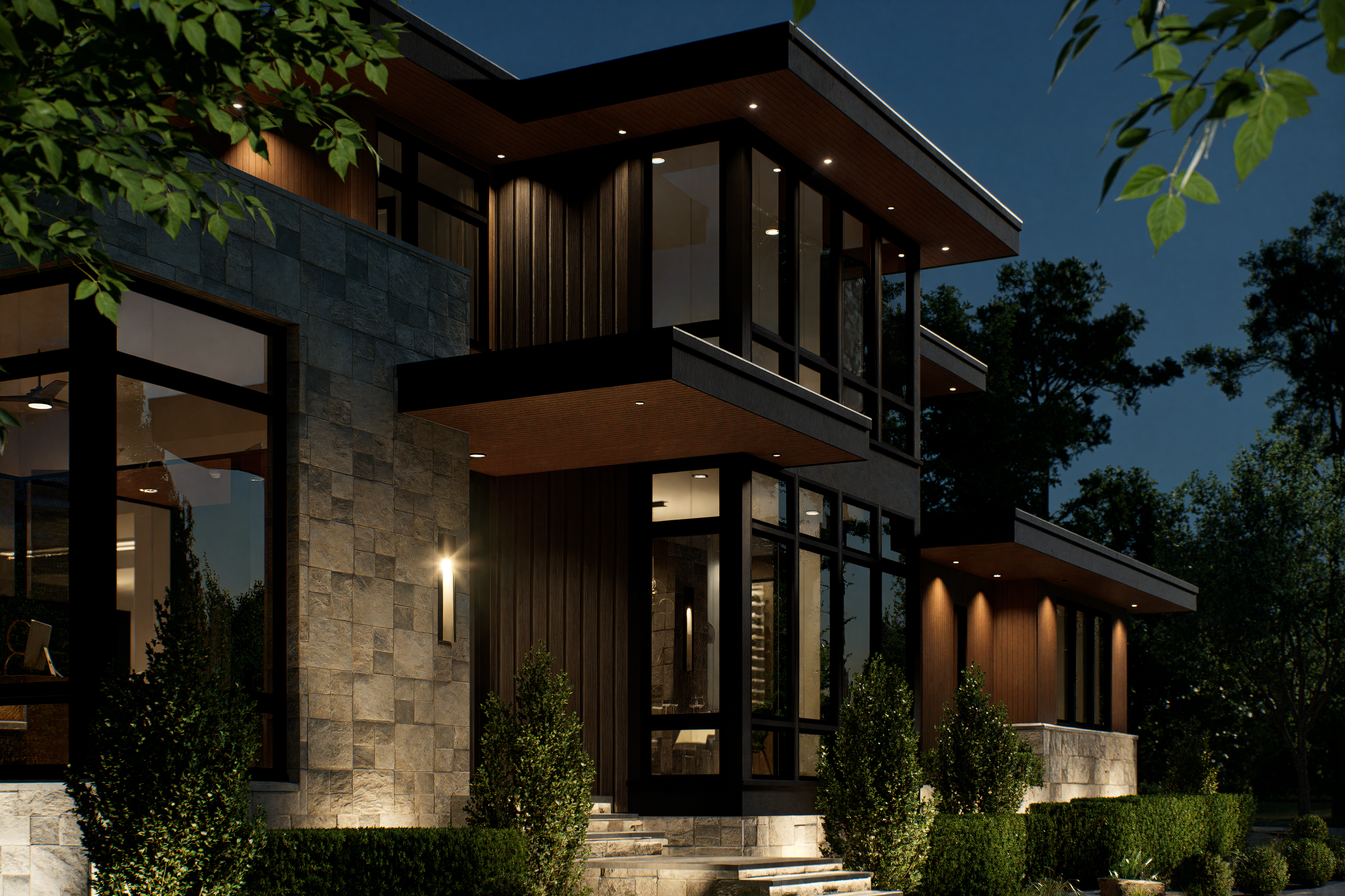 Modern house with large glass windows, stone and wood exterior, surrounded by greenery at dusk