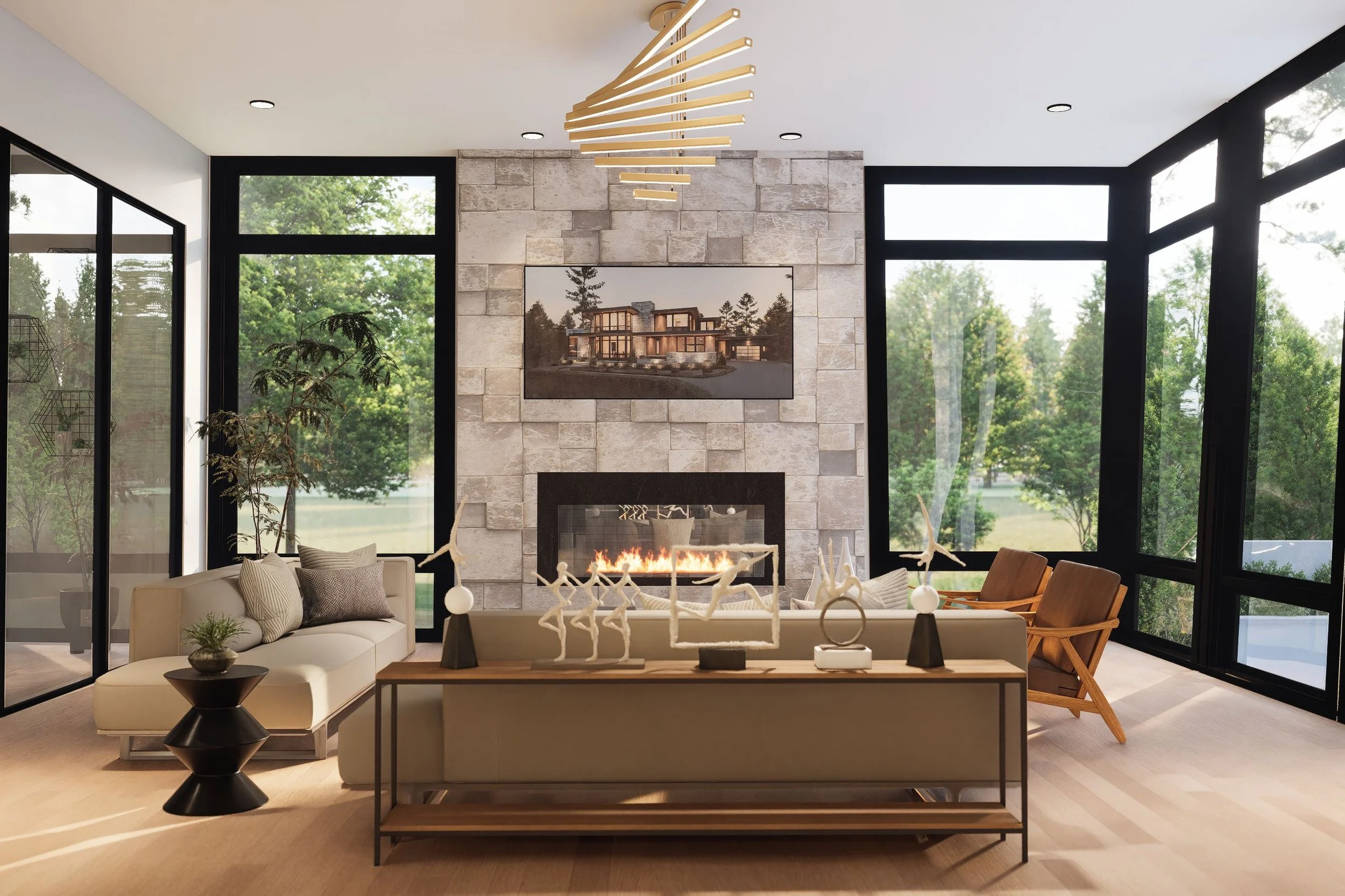 Modern living room with large windows, stone fireplace, and contemporary art sculptures on a wooden table.