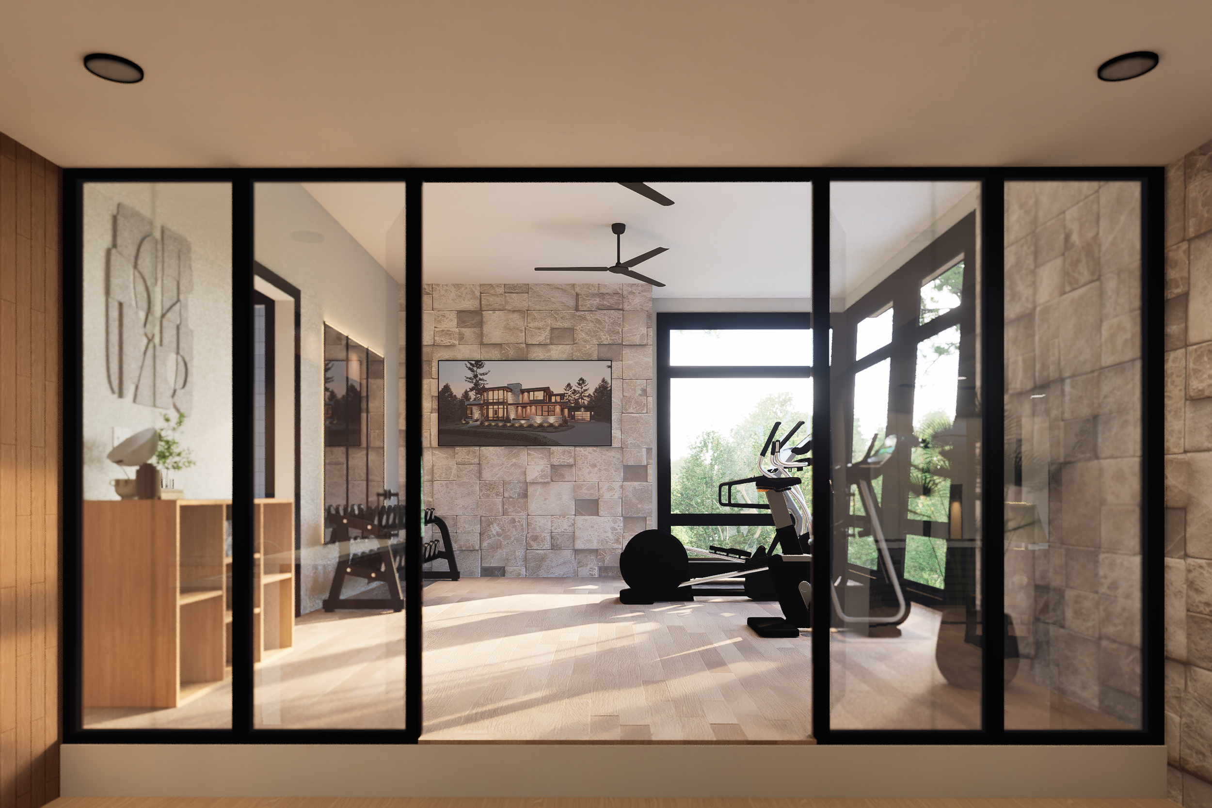 Modern home gym with treadmill, exercise bike, large windows, radiator, stone accent wall, ceiling fan, and sunset view