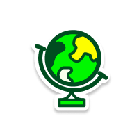 A cartoon illustration of a globe on a stand, showing the continents in green and yellow with a green ocean background.