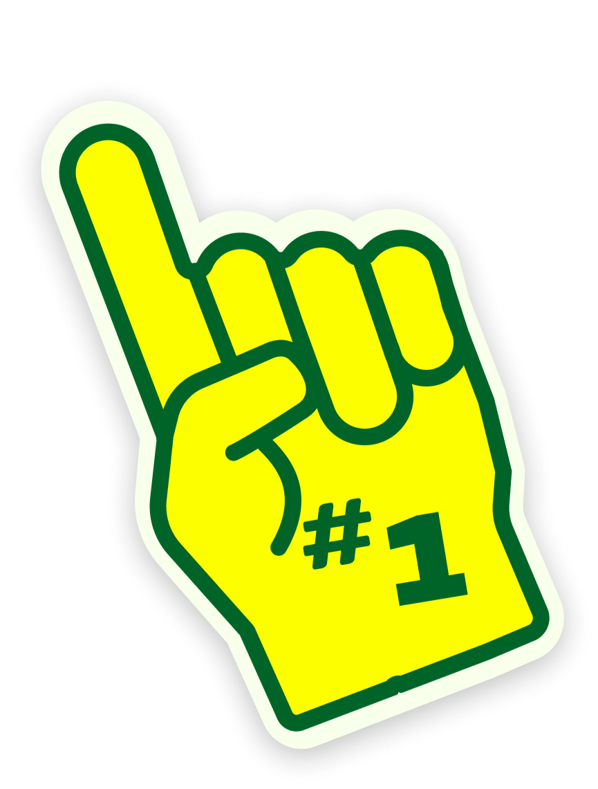A foam finger in yellow with green outline, showing a hand with the index finger pointing up, and text '#1' on the wrist.
