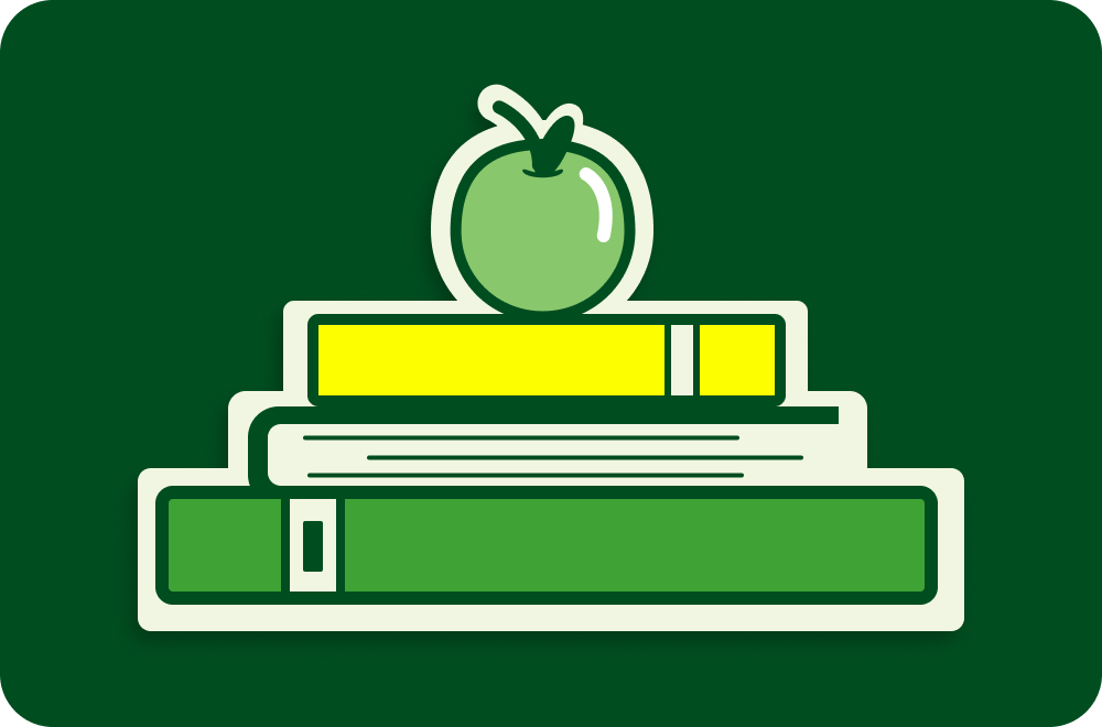 Stack of three books with an apple on top, on a green background.