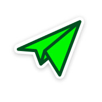 A green paper airplane illustration with white and dark green outlines.