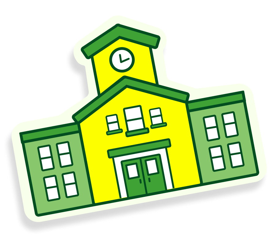 A cartoon illustration of a yellow school building with a clock tower, green accents, and multiple windows.