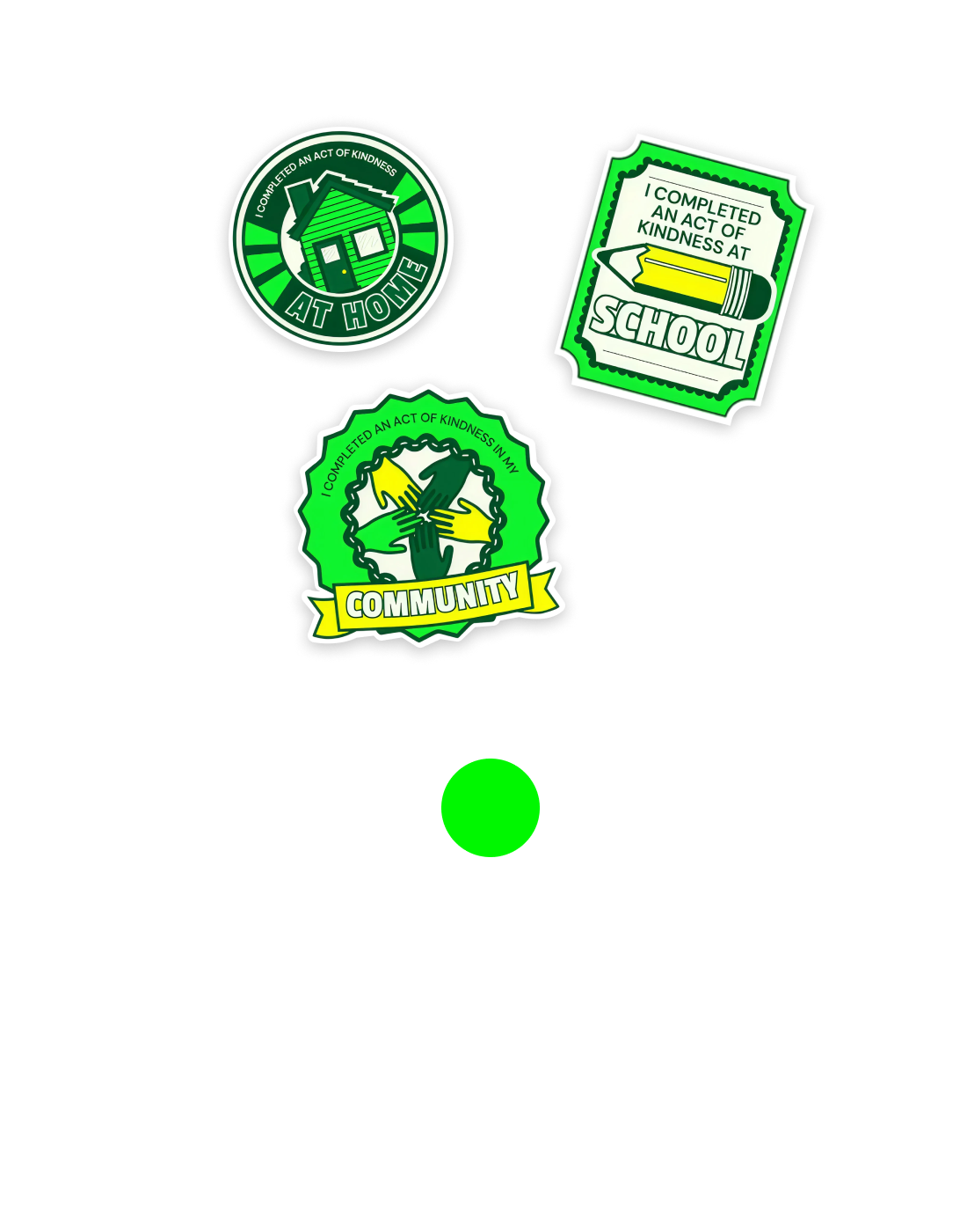 Black background with a yellow sticker at the top, a green dot in the middle, and white text that says 'Earn a passport sticker for each act to complete the challenge'.