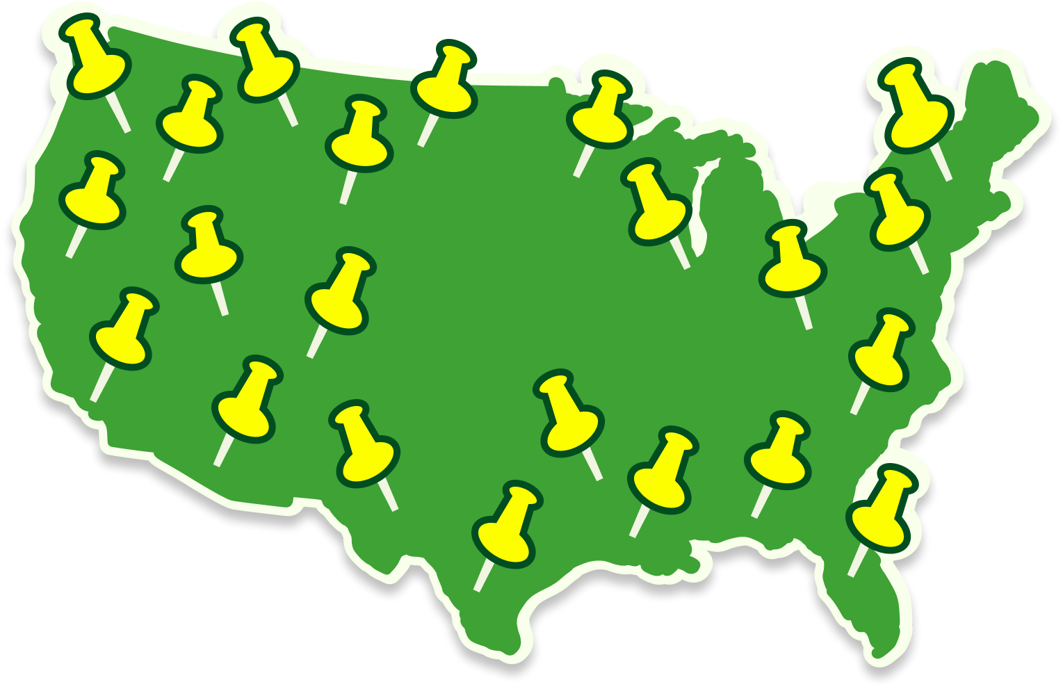 Map of the United States with yellow pushpins marking various locations.