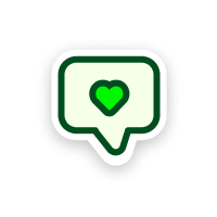Social media-style comment or notification bubble with a green heart icon inside