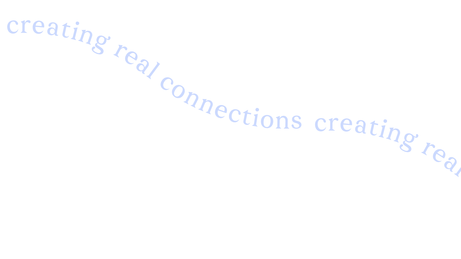 Der Text 'creating real connections creating real' ist schräg auf schwarzem Hintergrund in lila Schrift geschrieben.