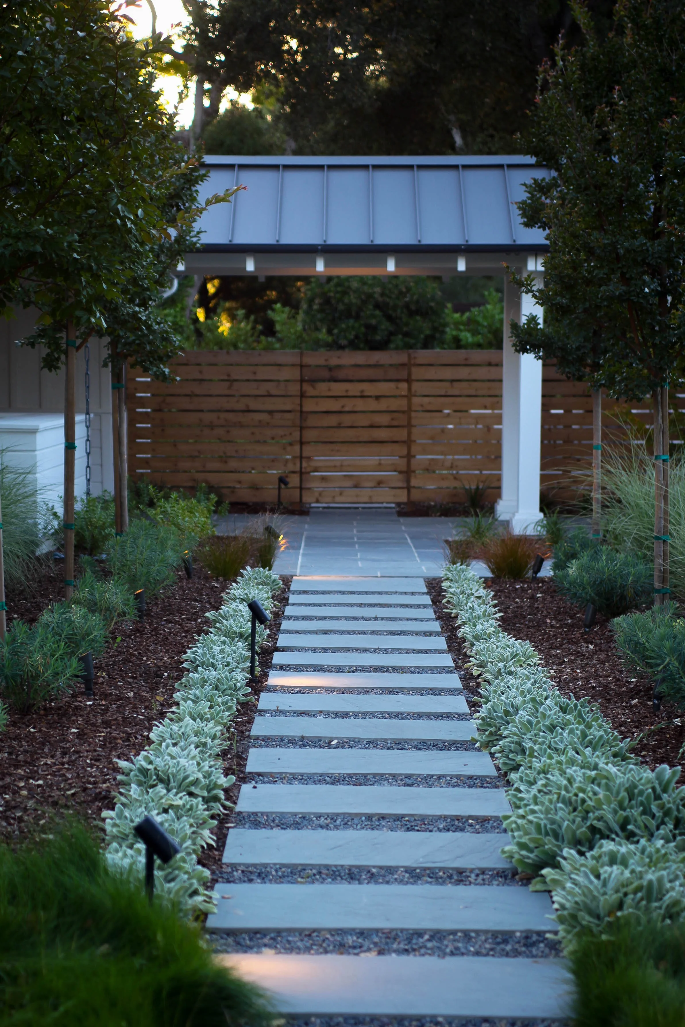 A modern garden with a stone pathway, small shrubs, and trees, leading to a wooden fence and a covered structure in the background, during dusk.