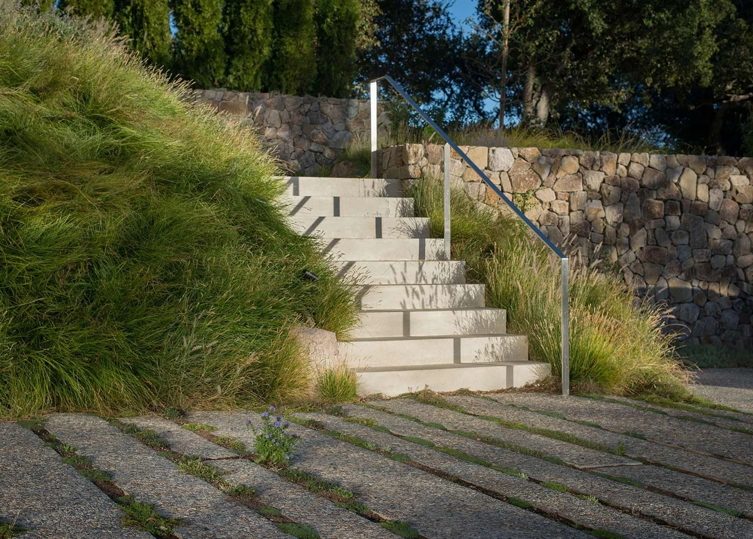 Concrete stairs with metal handrail leading up a grassy hillside with a stone retaining wall and trees in the background.