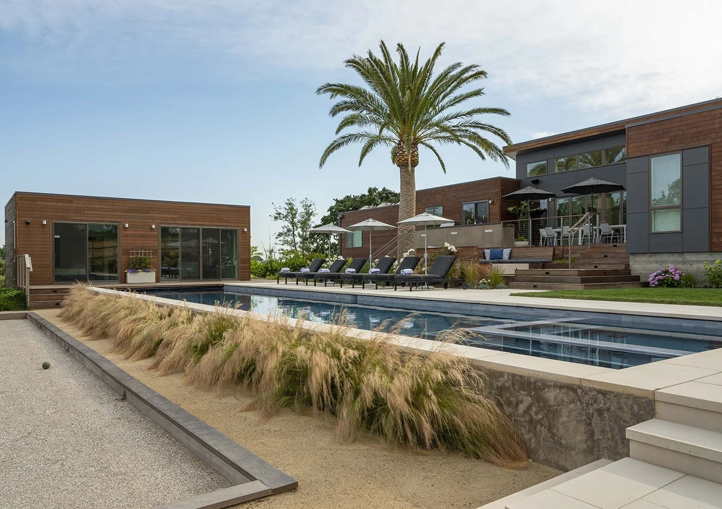 Modern backyard with a rectangular swimming pool, sun loungers with umbrellas, a palm tree, and contemporary house with large windows and wooden siding.