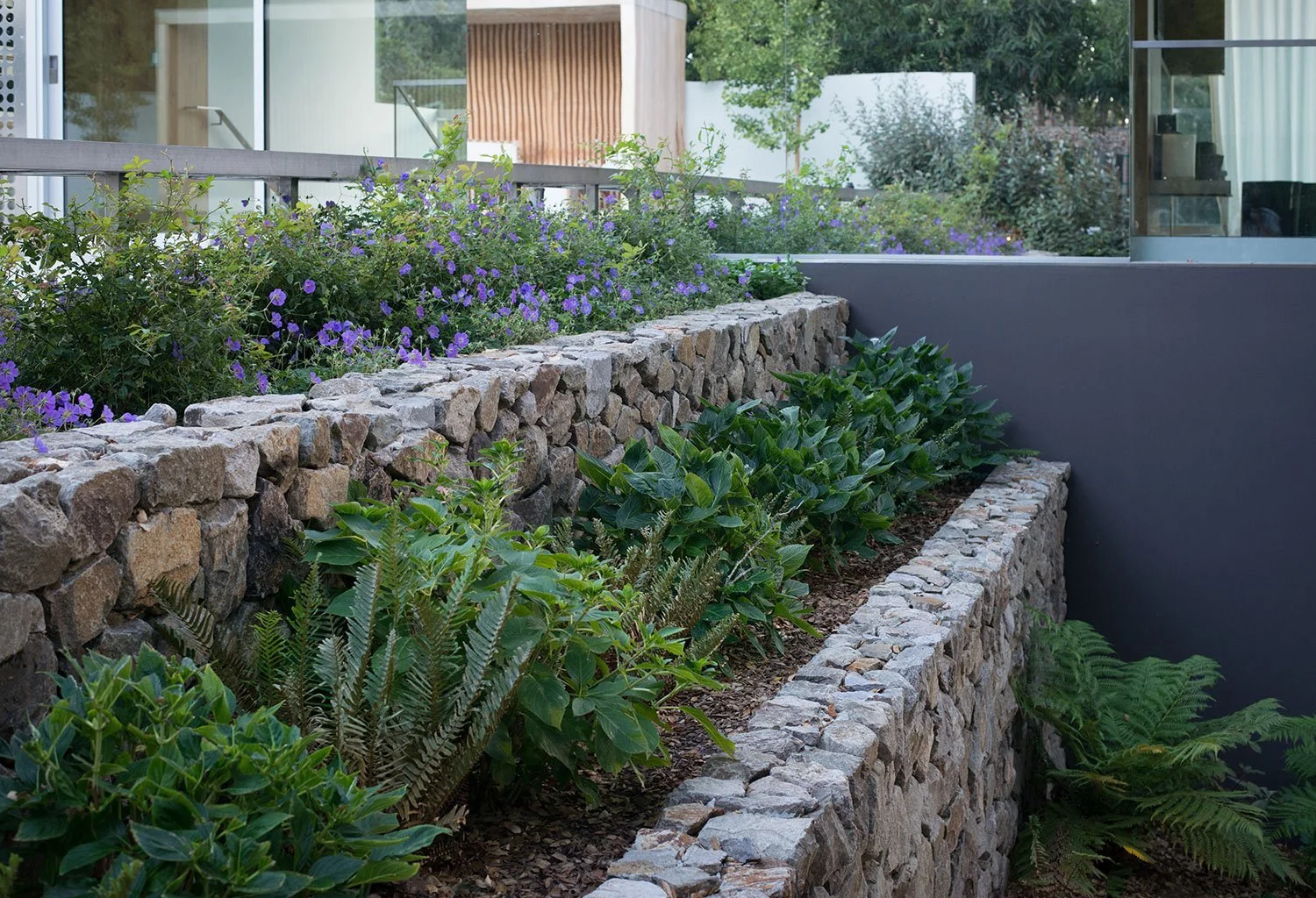 A multi-tiered stone garden bed with purple flowering plants and green leafy plants, situated next to a modern building with glass windows and a balcony.
