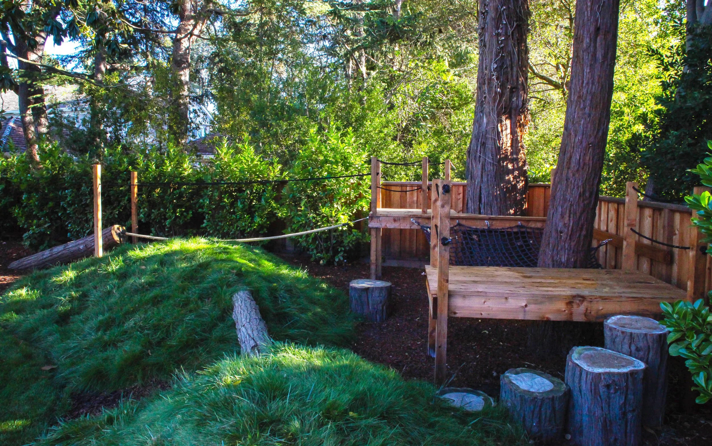 A backyard with a wooden treehouse platform with a black net hammock, surrounded by tall trees and dense green bushes, sunlight filtering through the leaves.