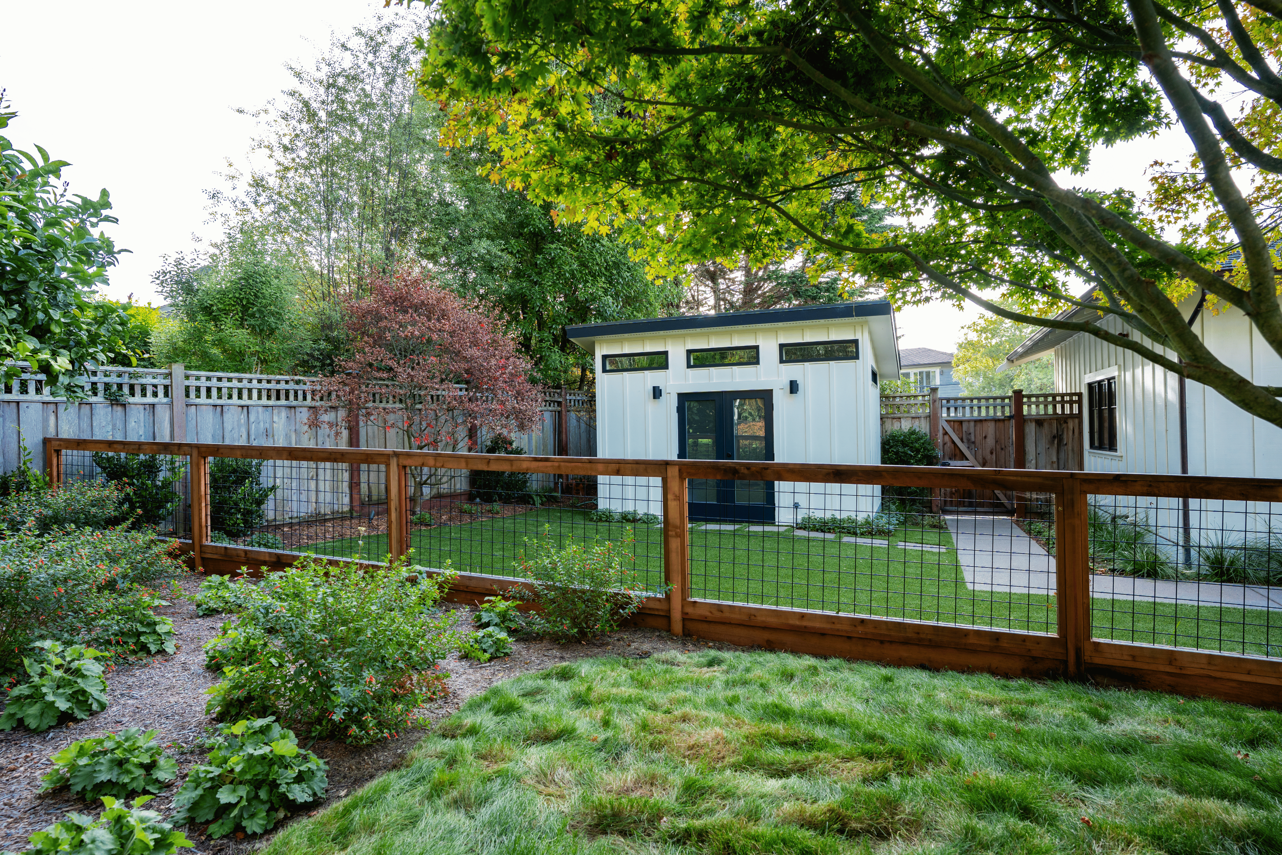 A backyard garden with a wooden fence, a small white shed with black doors, green grass, and trees providing shade.