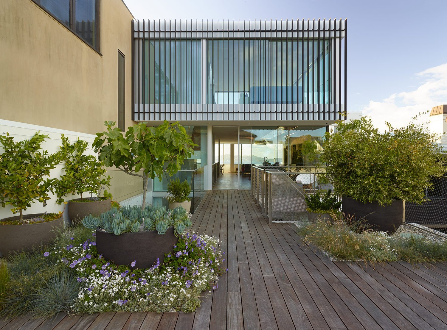 Modern rooftop terrace with wooden flooring, potted plants, and glass-walled building with balcony overlooking cityscape and water in the distance.