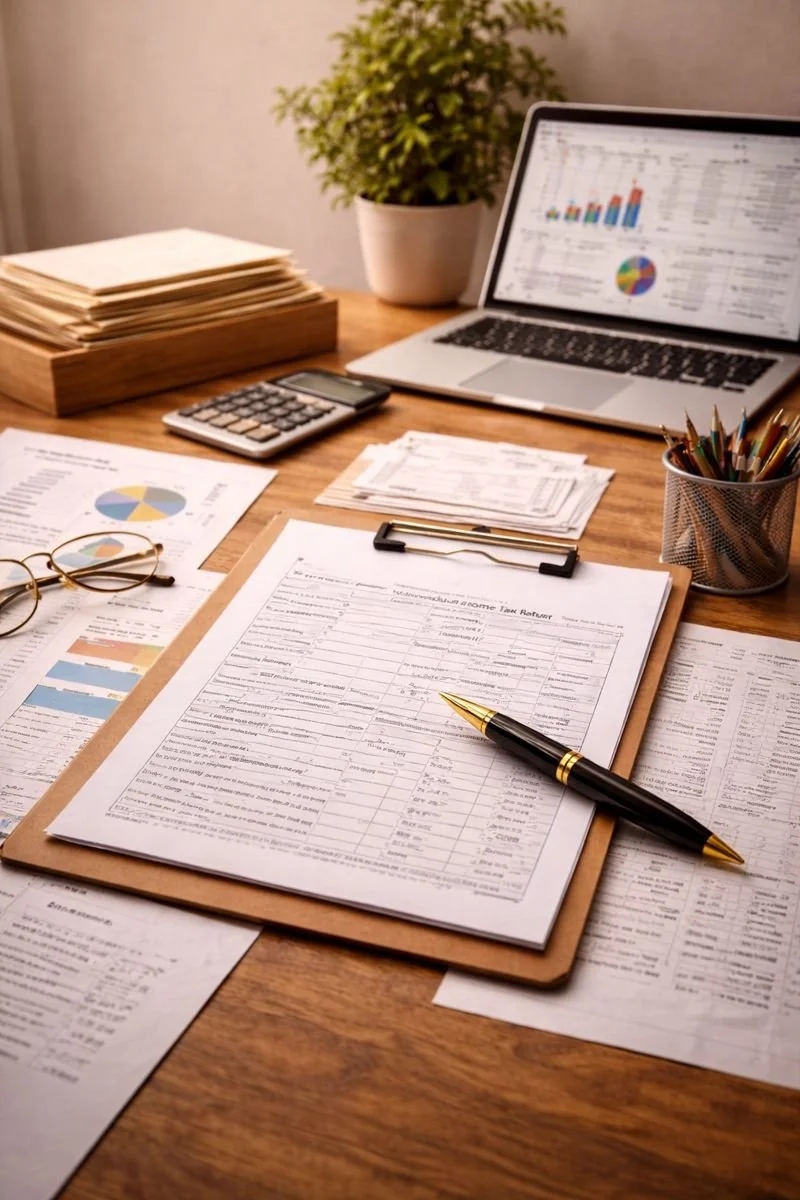Office desk with financial documents, a calculator, eyeglasses, a pen, a laptop displaying charts and graphs, a potted plant, and a cup filled with colored pencils.