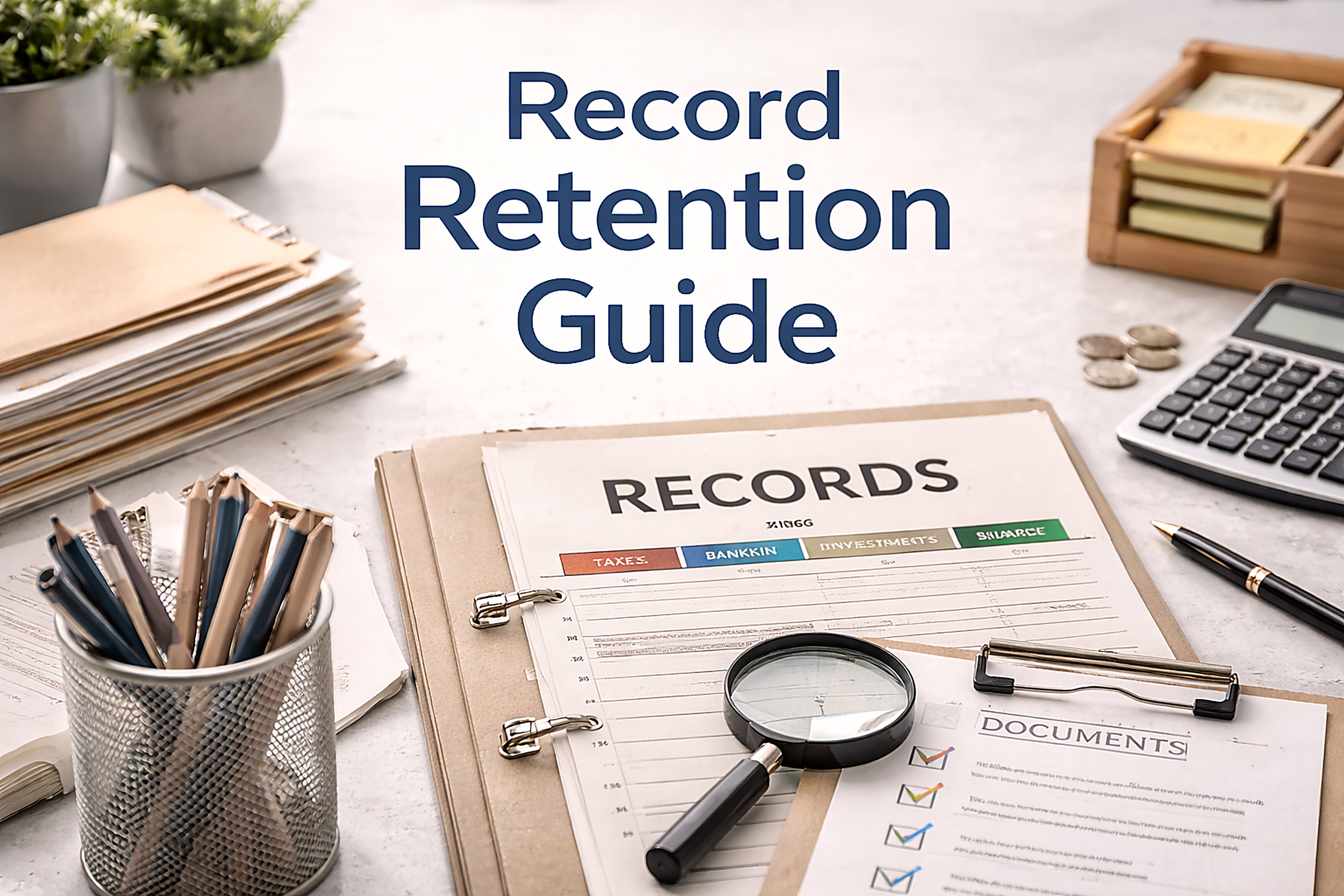 A workspace with a stack of manila folders, a pen holder with pens, a magnifying glass, a document labeled 'Records,' a sheet titled 'Documents,' a calculator, some coins, a wooden box with sticky notes, and potted plants. The overlay text reads 'Record Retention Guide.'