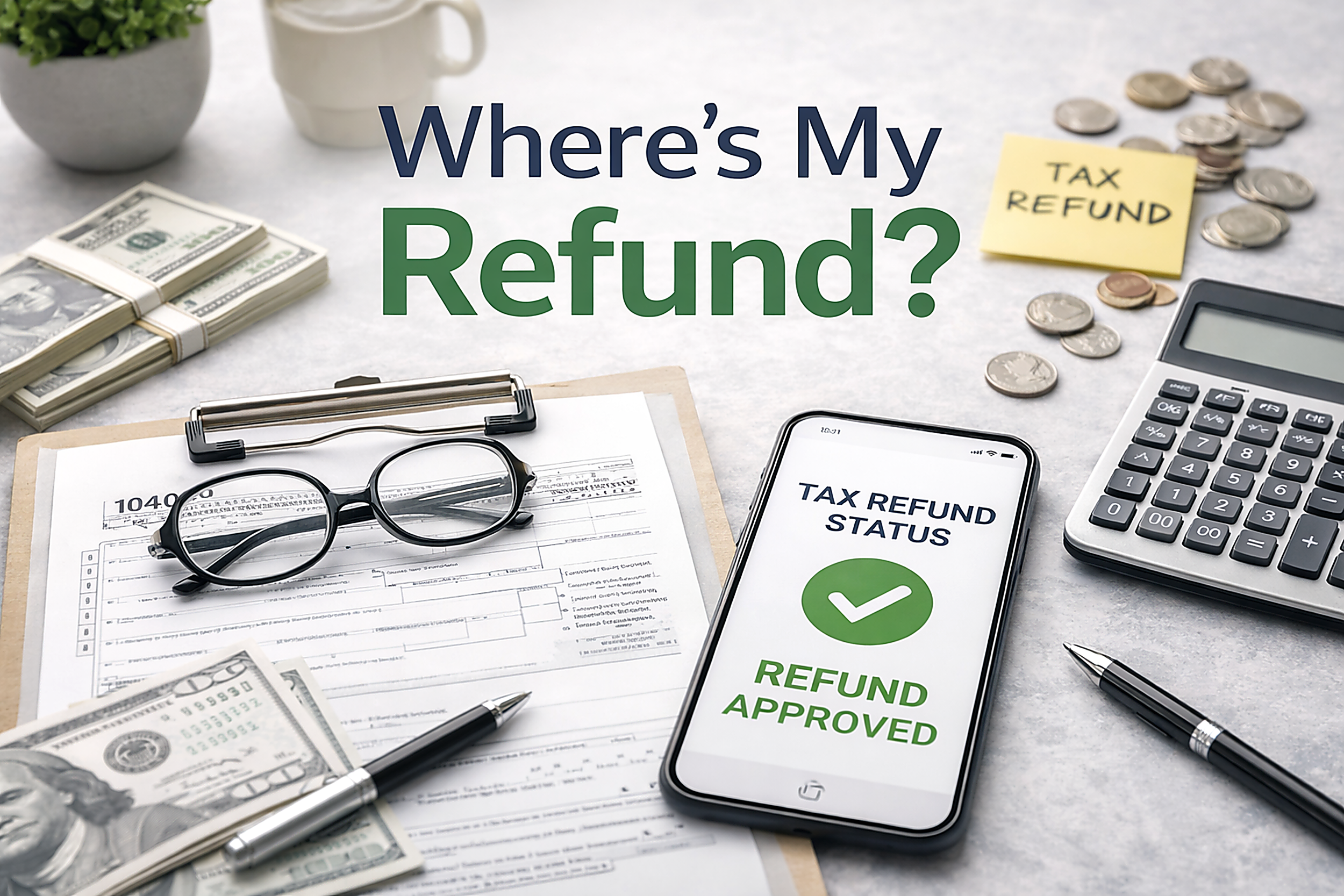 Financial documents, stacks of dollar bills, a pair of glasses, a pen, and a phone displaying 'Tax Refund Status: Refund Approved' on a desk, with a calculator, coins, and a sticky note that says 'Tax Refund' in the background.