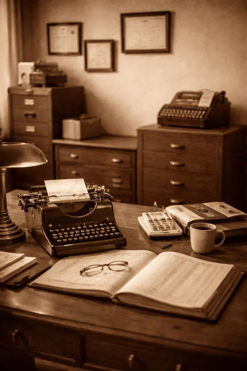 Vintage office desk with typewriter, open book with glasses, coffee mug, calculator, and papers, surrounded by wooden filing cabinets and framed certificates on the wall.