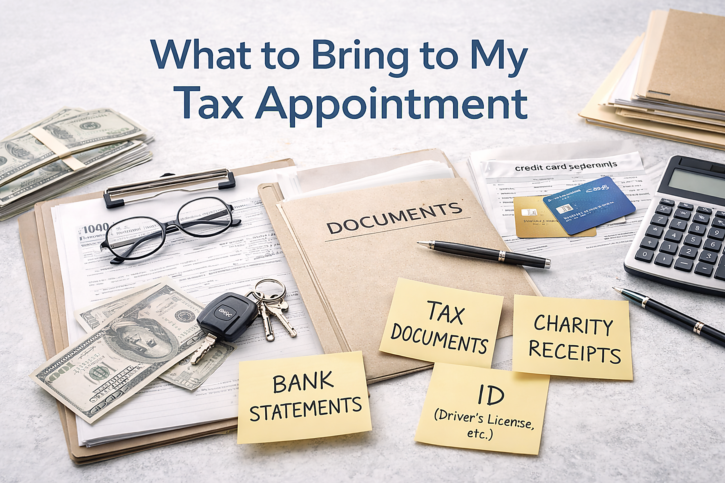 Organization of documents and items needed for a tax appointment, including a folder labeled 'Documents,' sticky notes labeled 'Tax Documents,' 'Charity Receipts,' 'Bank Statements,' an ID, a pen, eyeglasses, a calculator, and cash.