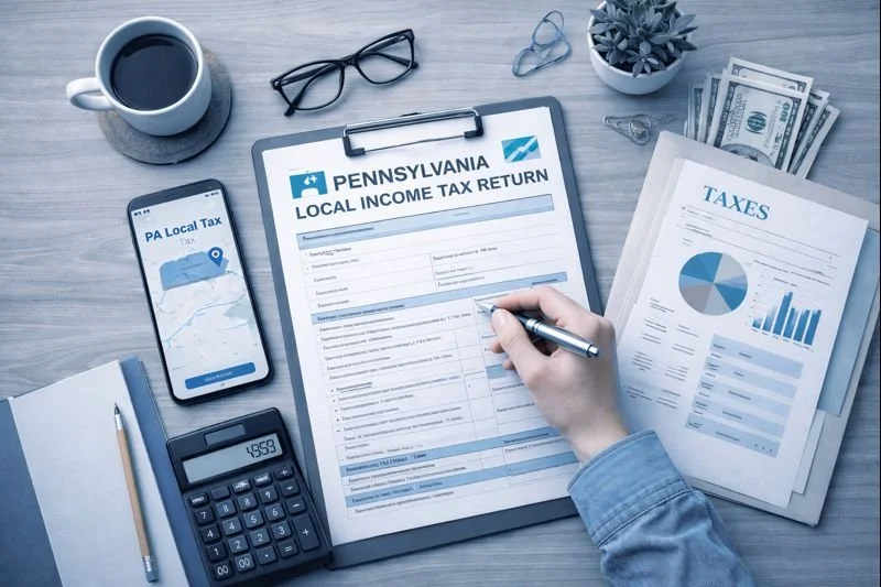Person filling out Pennsylvania local income tax return form surrounded by financial documents, a calculator, a smartphone displaying PA local tax map, a cup of coffee, glasses, a potted plant, and cash at a desk.