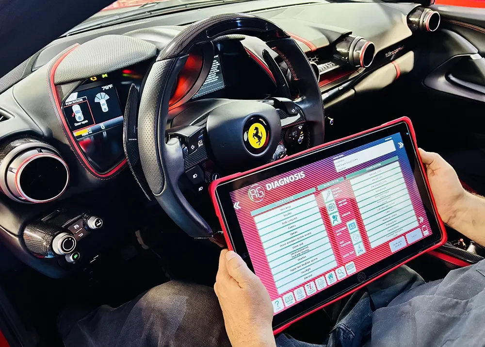 Ferrari diagnostic service and repair at GTM & SON using dealer-level Leonardo diagnostic software, servicing classic and modern non-hybrid Ferraris with expertise in fault detection, system resets, and maintenance diagnostics.
