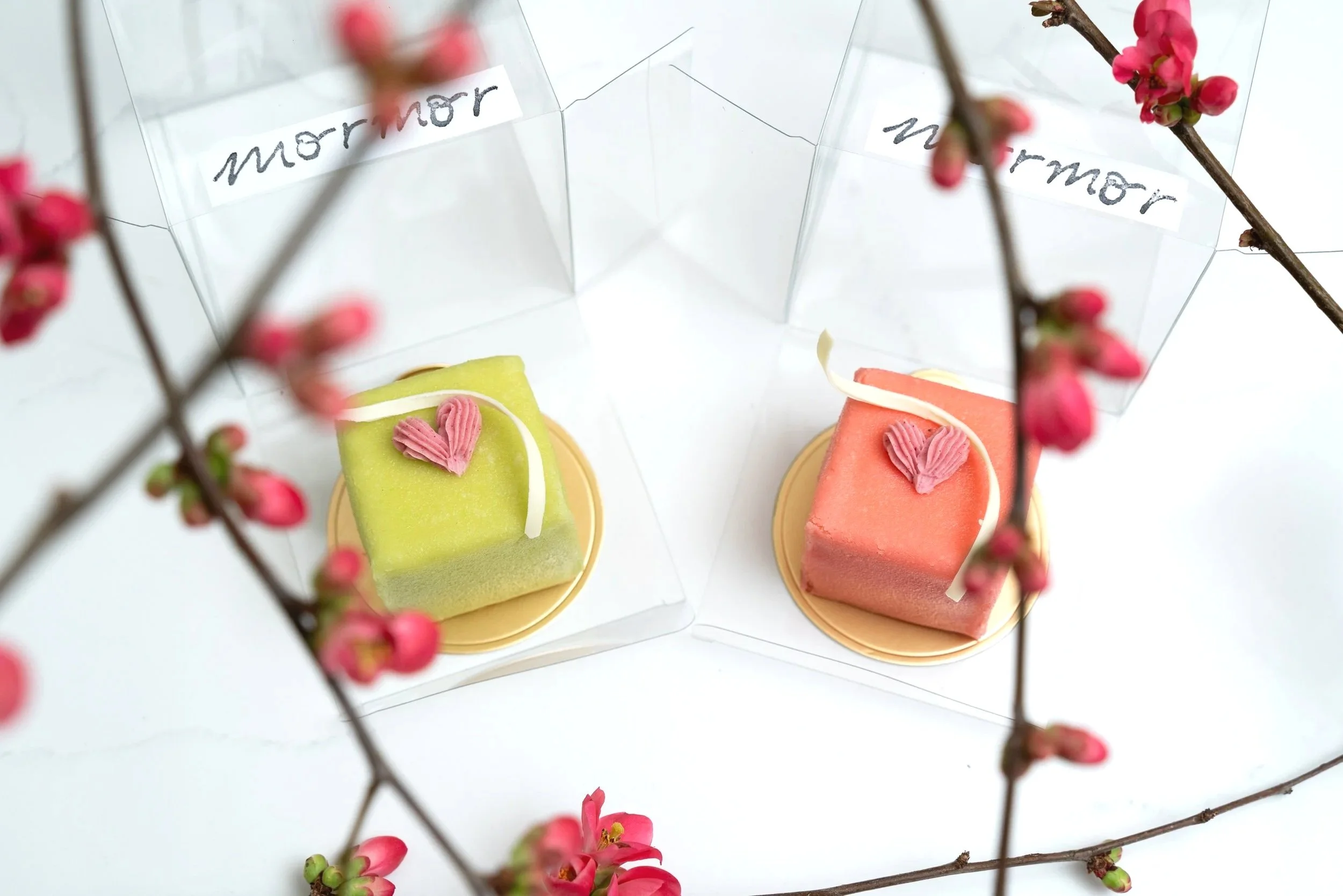 Two mini princess cake entremets sit beneath a lattice of quince blossom-laden branches. Curls of tempered white chocolate adorn raspberry buttercream heart designs atop green and pink marzipan-covered cubes. They sit in opened clear acetate boxes.