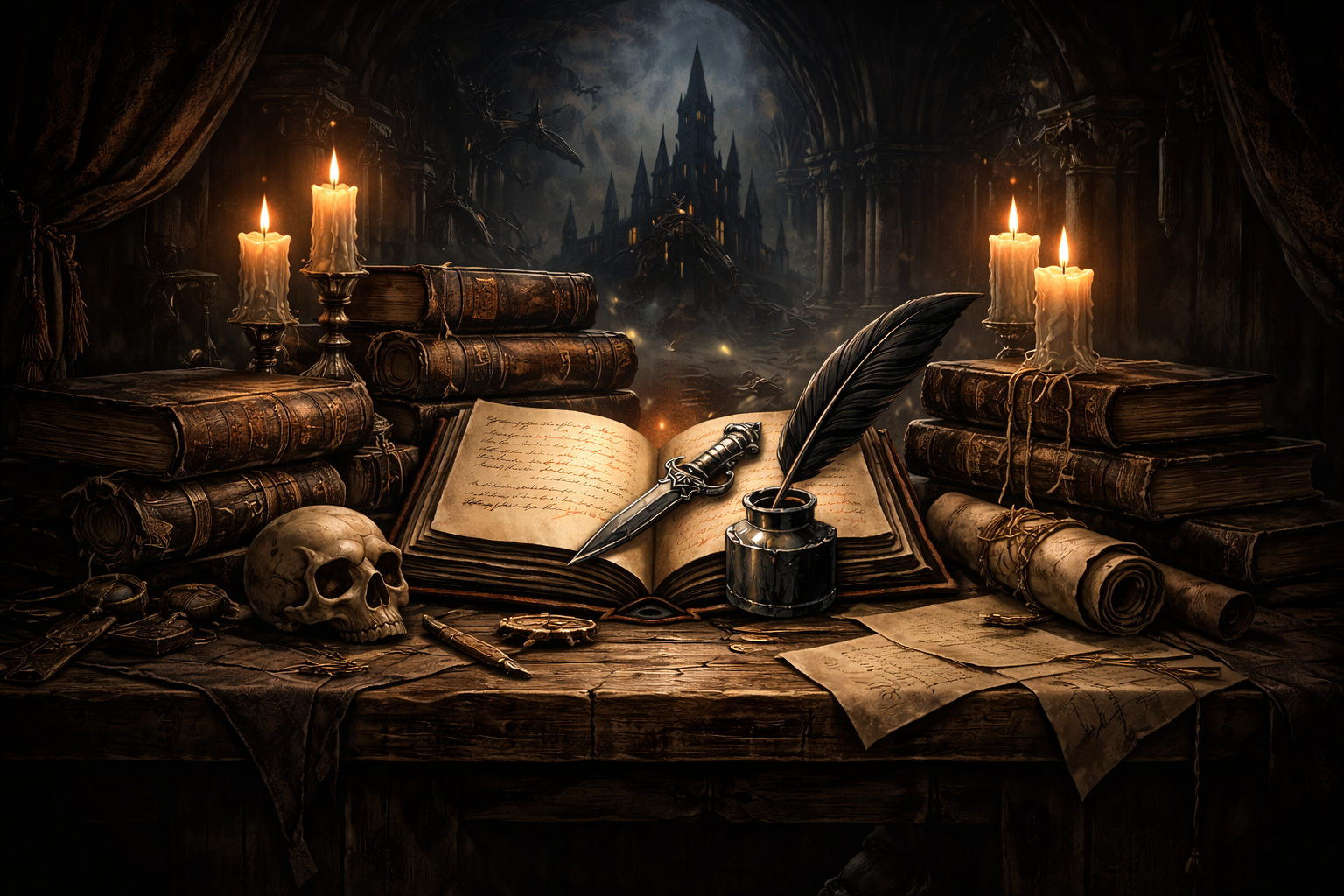 A dark, gothic-style scene depicting an old wooden table with ancient books, a skull, quill, ink bottle, and lit candles. In the background, a mysterious castle rises amid ominous clouds and dragons.