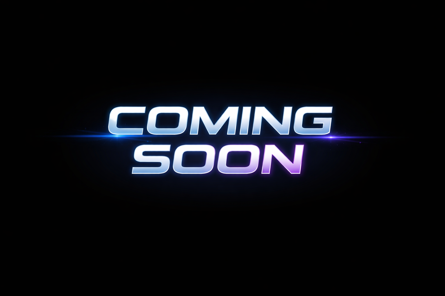 Bright neon text on black background reads 'Coming Soon' with a futuristic style.