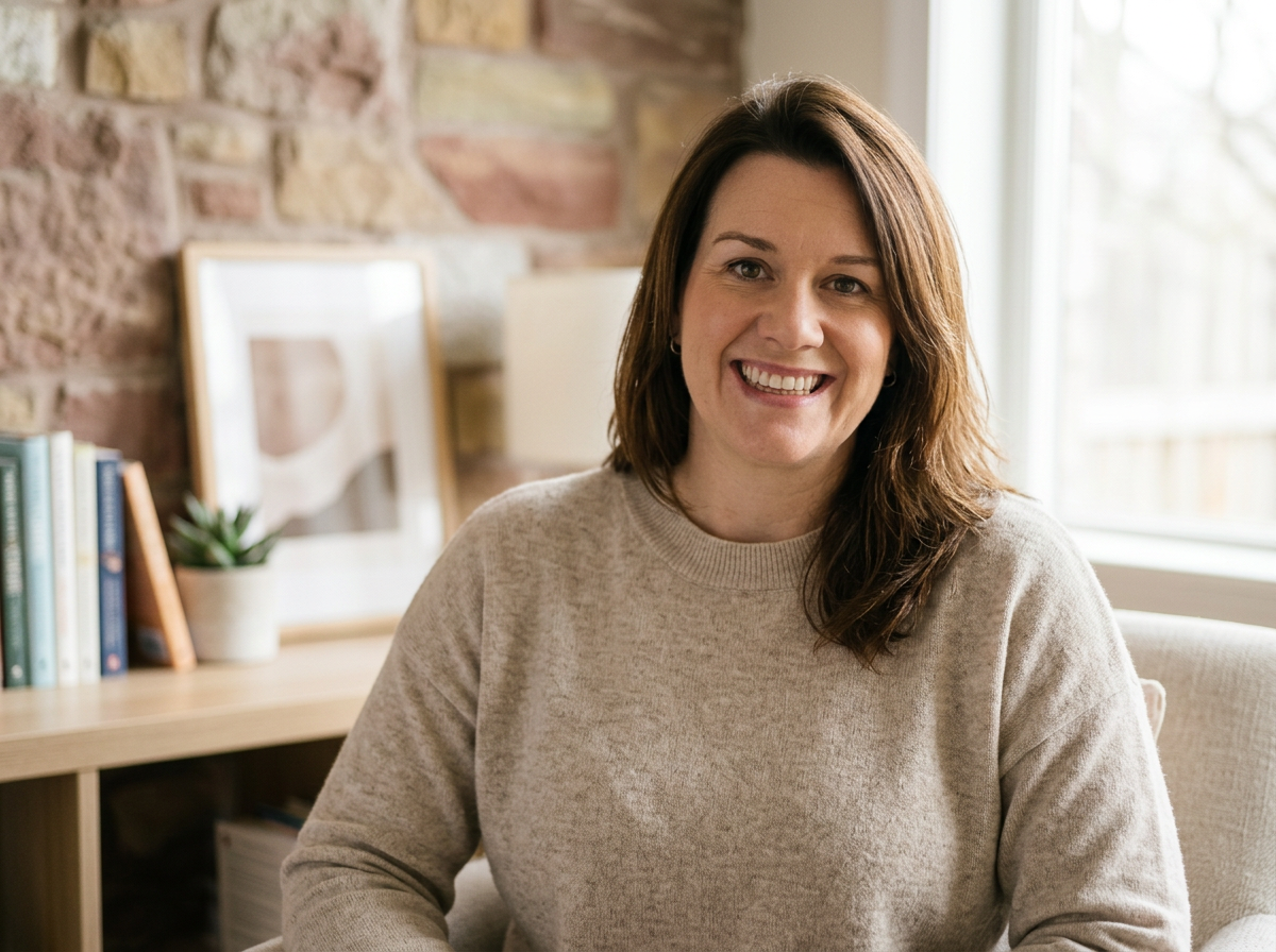 Chelsea Jackson with brown hair and a beige sweater is sitting in a bright, cozy room with a stone wall and window in the background. She is smiling and looking at the camera hold this space therapy.