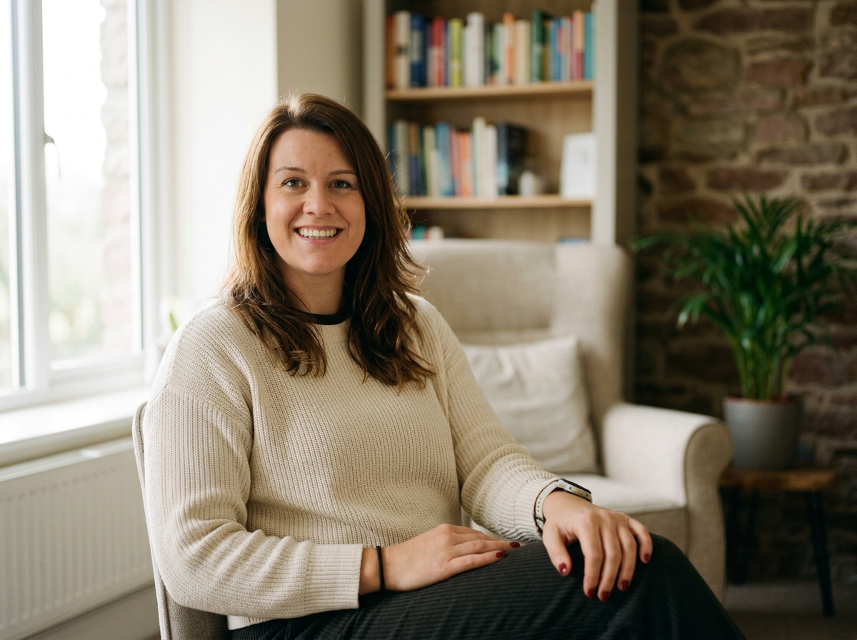Chelsea Jackson smiling woman with brown hair sitting on a chair in a cozy living room with a bookshelf and potted plant Hold this space therapy.