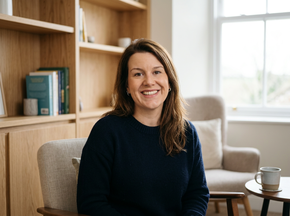 Smiling woman with brown hair and hoop earrings sitting in a cozy living room near a window, with a bookshelf and a coffee mug in the background.